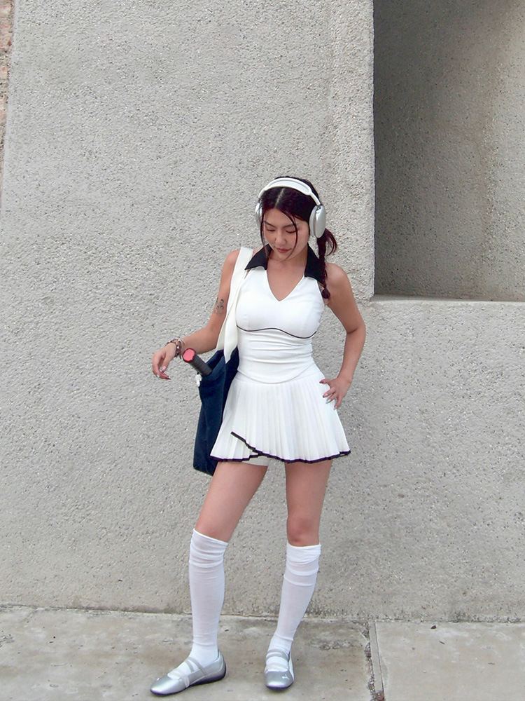 Cross-Border Lapel Contrasting Color Sports Halter Tennis Suit Women's Casual Running Anti-Exposure Vest Short Skirt Suit