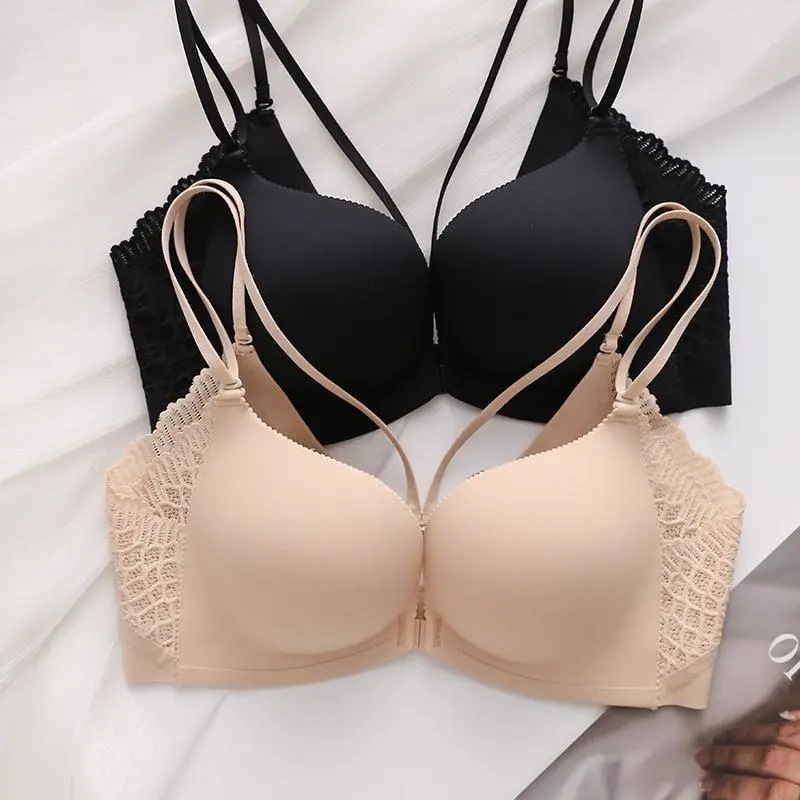 Japanese Beauty Back Front Buckle Bra Without Rims Intimates for Women with Small Breasts, Thickeneded Flat Chest, Comfortable and Traceless Push-Up Bra