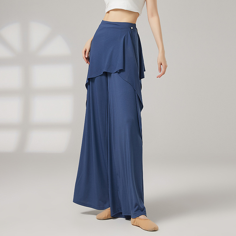 Dance Wide-Leg Pants with Faux Two-Piece Skirt, Classical Dance Pants, Long Pants with Drape, Chinese Dance Body Practice Outfit