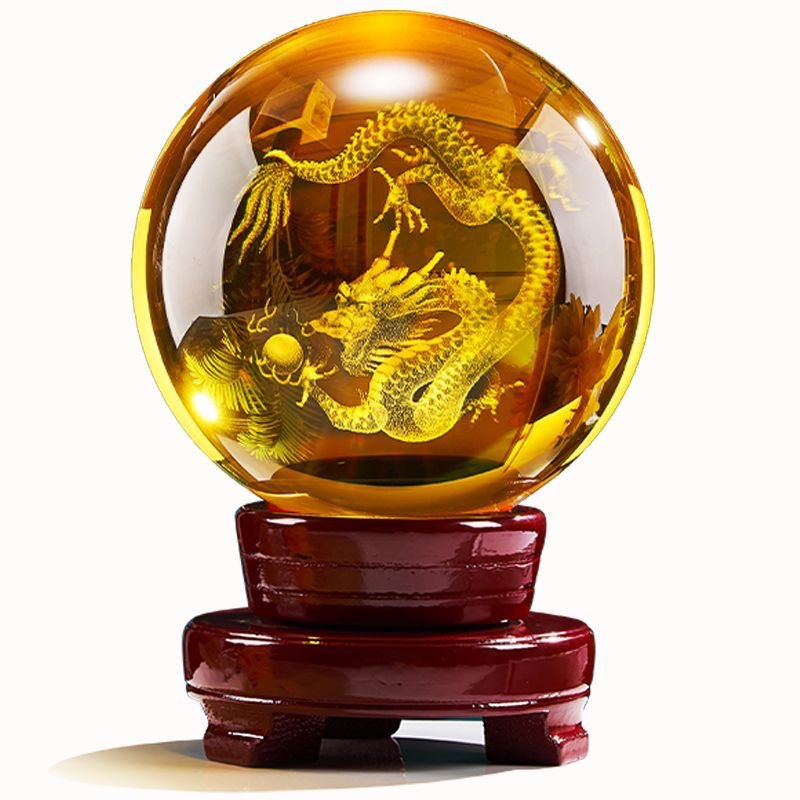 Yellow Crystal Ball Ornaments with Carved Dragon Crystal Balls Inside, Glass Balls, Lucky Balls, Living Room Decorations, Housewarming Gifts to Attract Luck