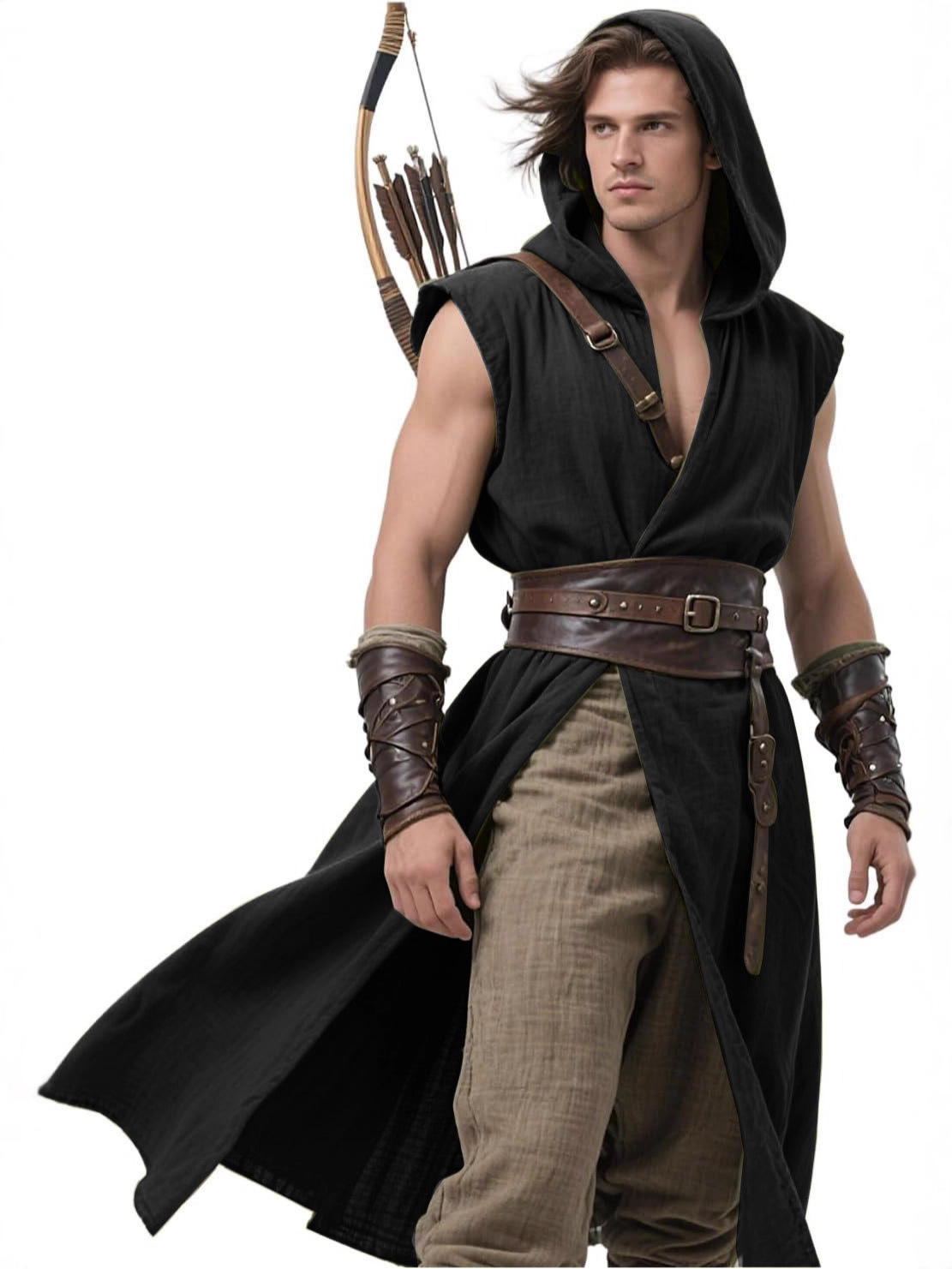Men's Medieval Hooded Sleeveless Outerwear Renaissance Robe Sleeveless Vest Vikings