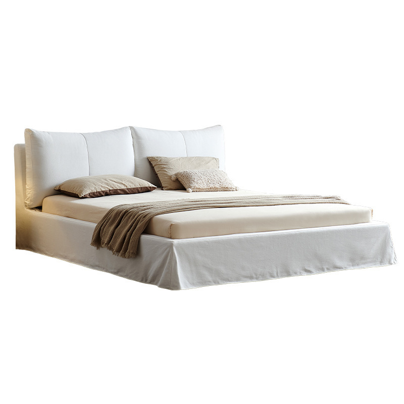 French-Style Cream Linen Double Bed with Fully Removable and Washable Soft Cover, Simple Bedside Master Bedroom Floor Fabric Bed