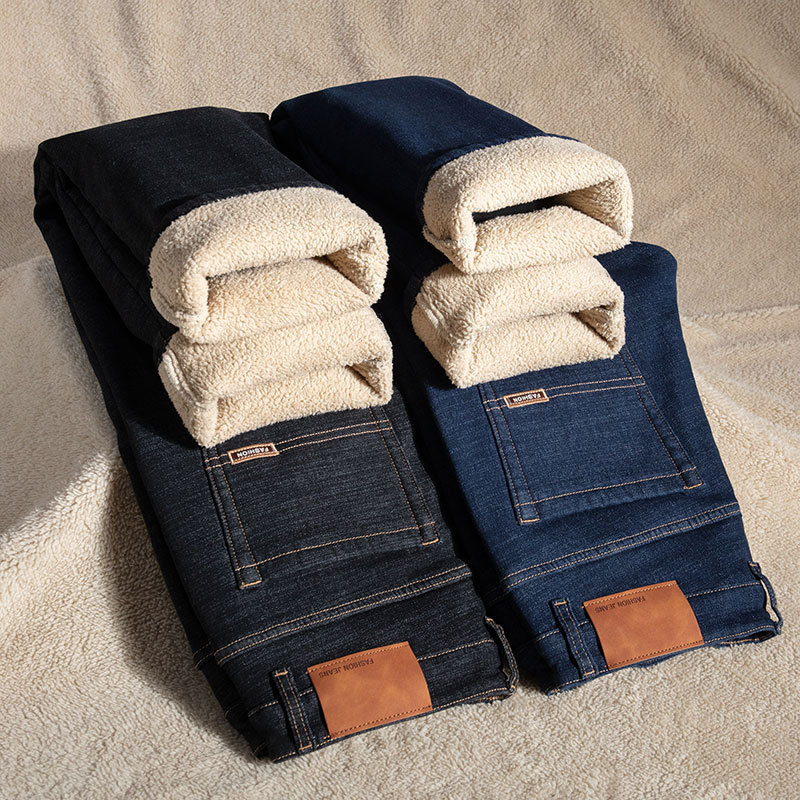 Winter New Fleece-Lined Thickened Warm Men's Jeans Solid Color Versatile Straight-Leg Lamb Fleece Business Denim Pants for Men