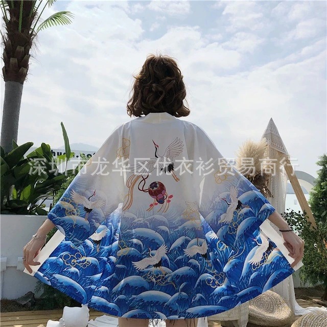 2024 Amazon Cross-border New Japanese Crane Digital Printed Kimono Men's and Women's Cloak Jacket Pajamas Cardigan Summer