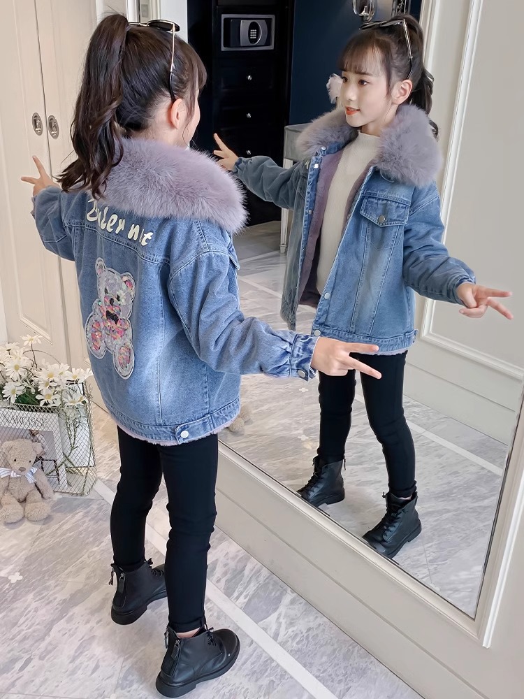 Girls' Velvet Coat 2024 New Children's Denim Autumn and Winter Thickened Big Children's Wear Girls' Winter Cotton-padded Jacket