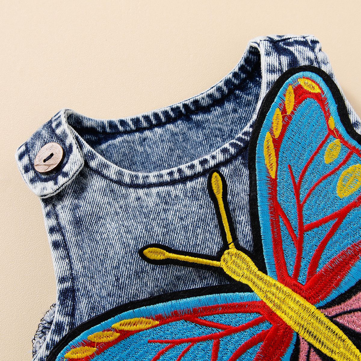 Summer New Style Baby Girl Big Butterfly Embroidered Retro Lace Suspender Denim Skirt