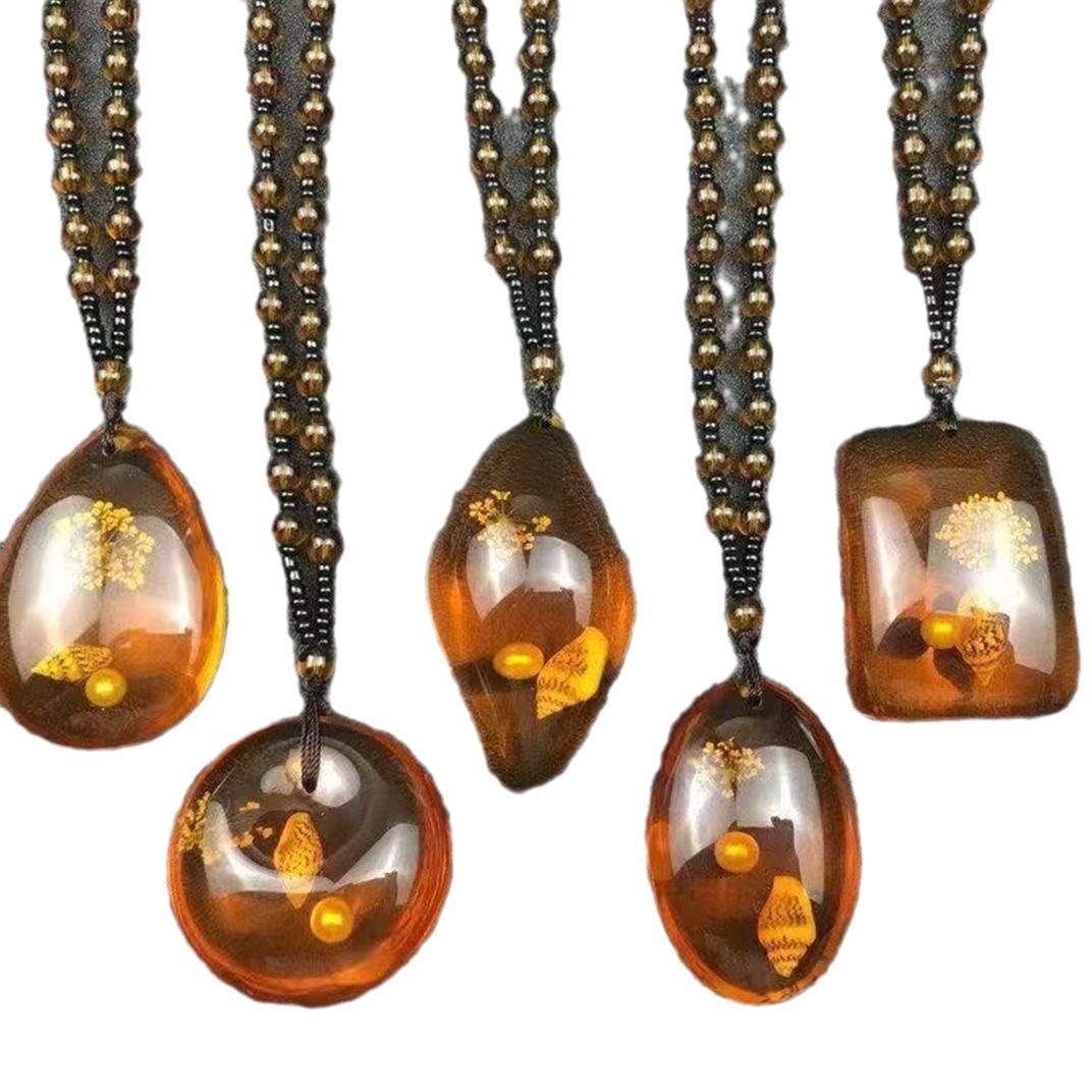 Imitation amber imitation beeswax sweater chain inlaid shell plant fossil men's and women's fashion necklace will sell live gift