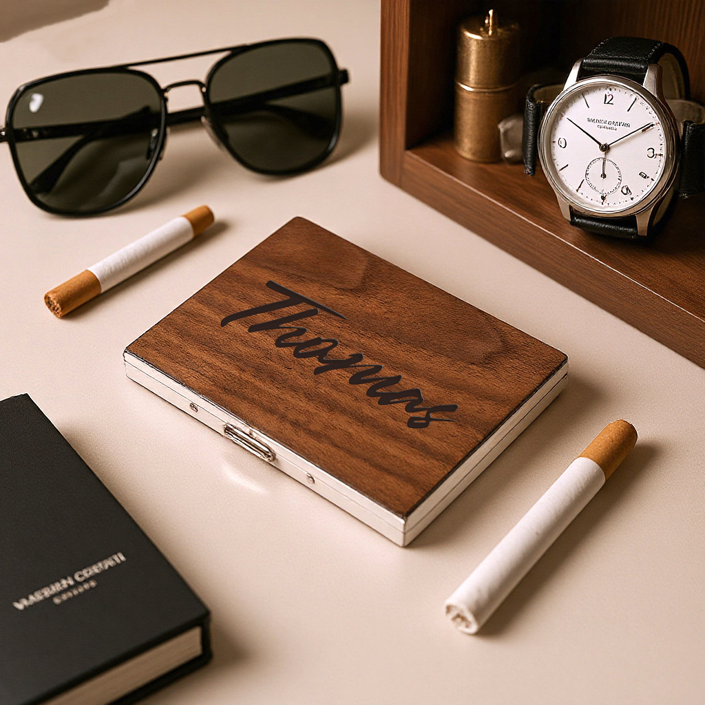 Black Walnut Solid Wood Cigarette Box Storage Gift Metal Frame Stainless Steel Cigar Box Vintage Gift Box with Engraved Text