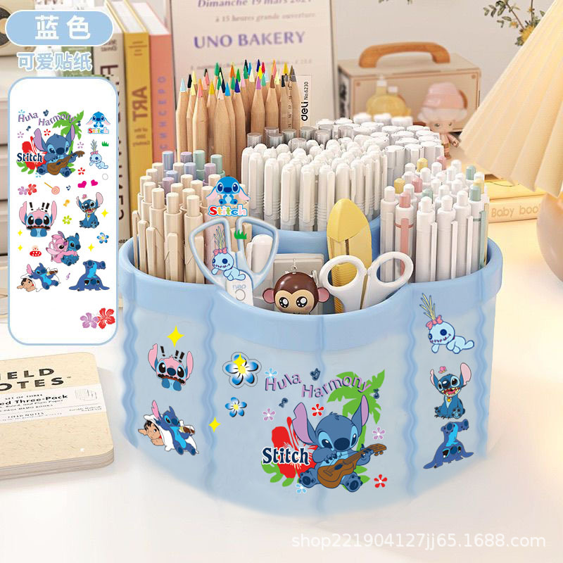 Крутящийся подставка для ручек многофункциональная большая емкость настольная утолщенная канцелярия с мультяшными наклейками