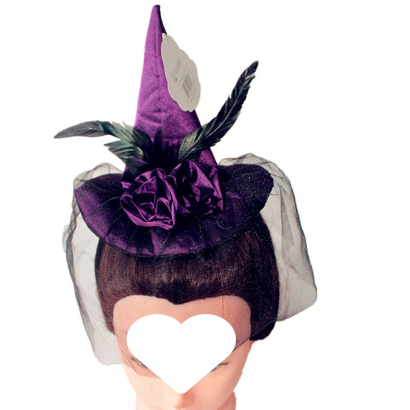 Carnival Party Halloween Prom Supplies Witch Hat Headband Retro High-End Headband Mesh Feather Style Purple