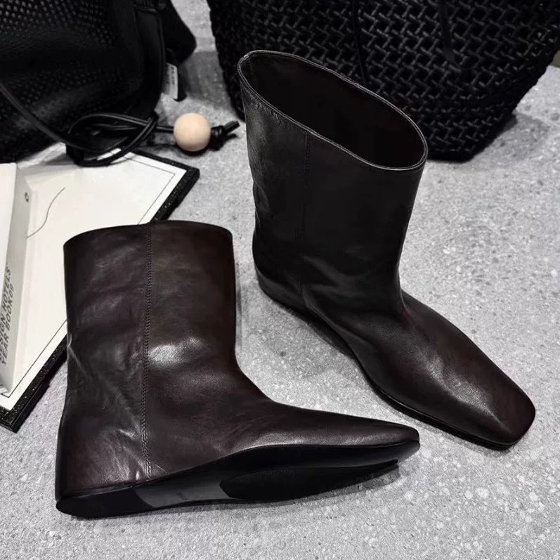 Cowhide Version ~ Retro Niche Square Toe Inner Heightening Sleeve Short Boots for Women Autumn and Winter Mid-Calf Boots Chelsea Boots