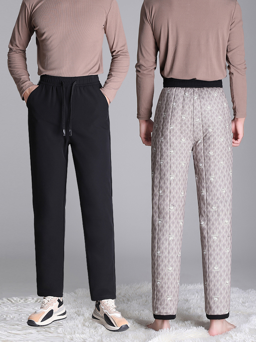 White Duck down Pants for Men, Nylon, Middle-Aged and Elderly, Fleece-Lined, Thickened, Warm Pants, Winter Men's Outerwear, Straight-Leg Casual Pants