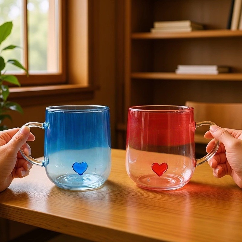 Креативная трехмерная стеклянная кружка в форме сердца, термостойкая с ручкой, градиентная цветная сердечная кружка, стакан для напитков, пара, согревающая сердечная кружка