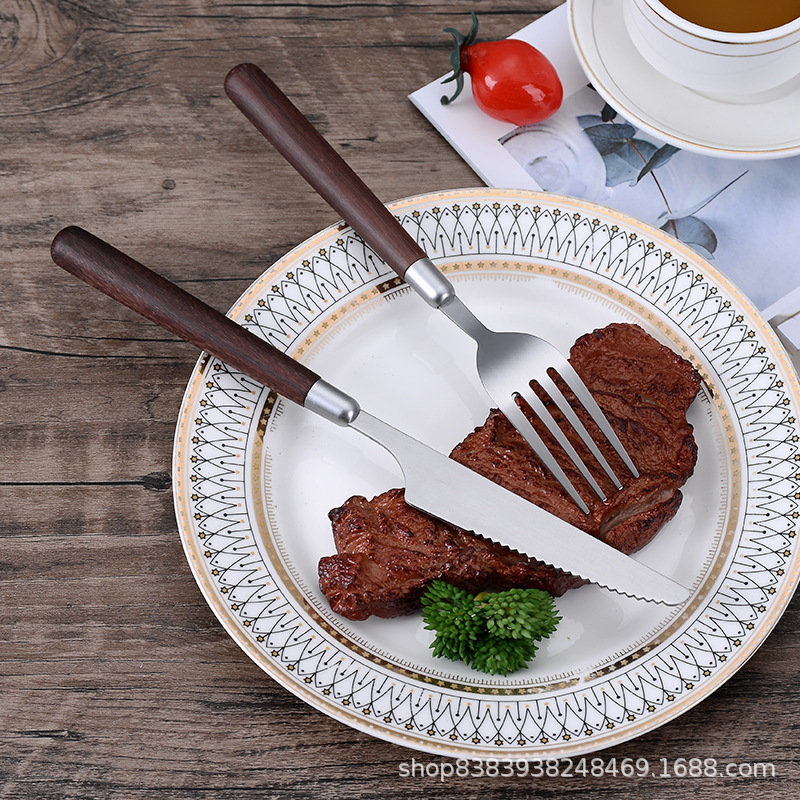 Imitation walnut wooden handle simple texture stainless steel spoon fork set household western food spoon high value tableware