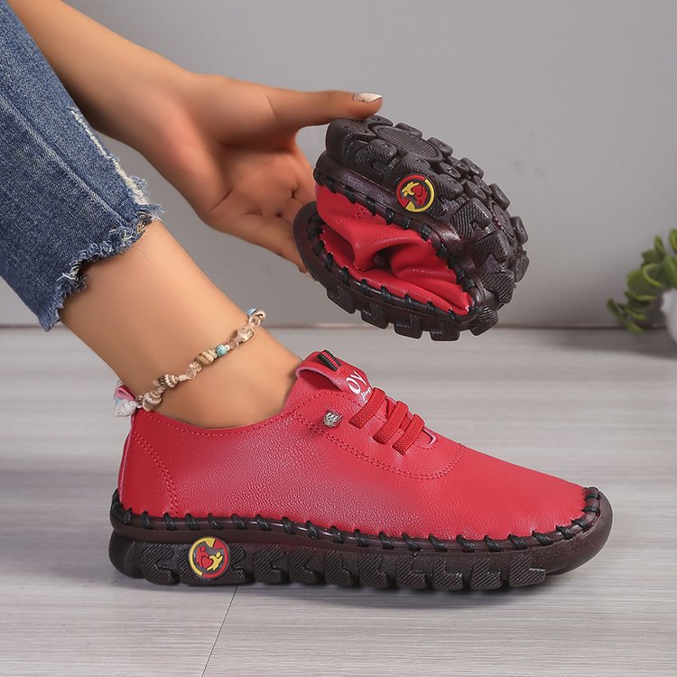 Stitched Flats, Comfortable Flats-Soled Lace-Up Mom's Shoes, Wide Fat Feet, Tendon Soles, Soft Soles, Soft Surfaces, Middle-Aged Large Size Women's Shoes