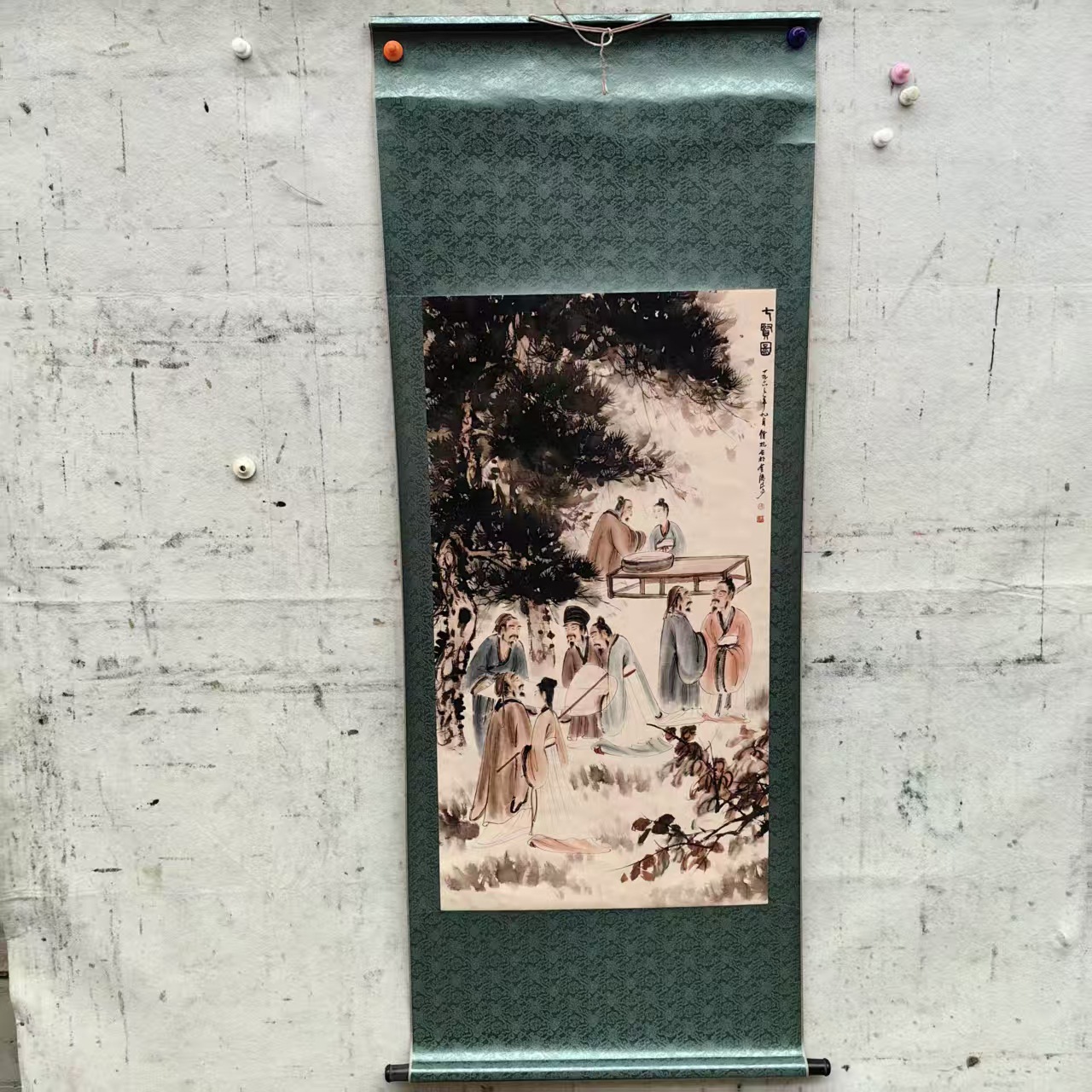 Антикварная каллиграфия и живопись Фу Баобая, свиток семи мудрецов, 133.2 см центральные панели 170*70, оптовая поставка от производителей картин