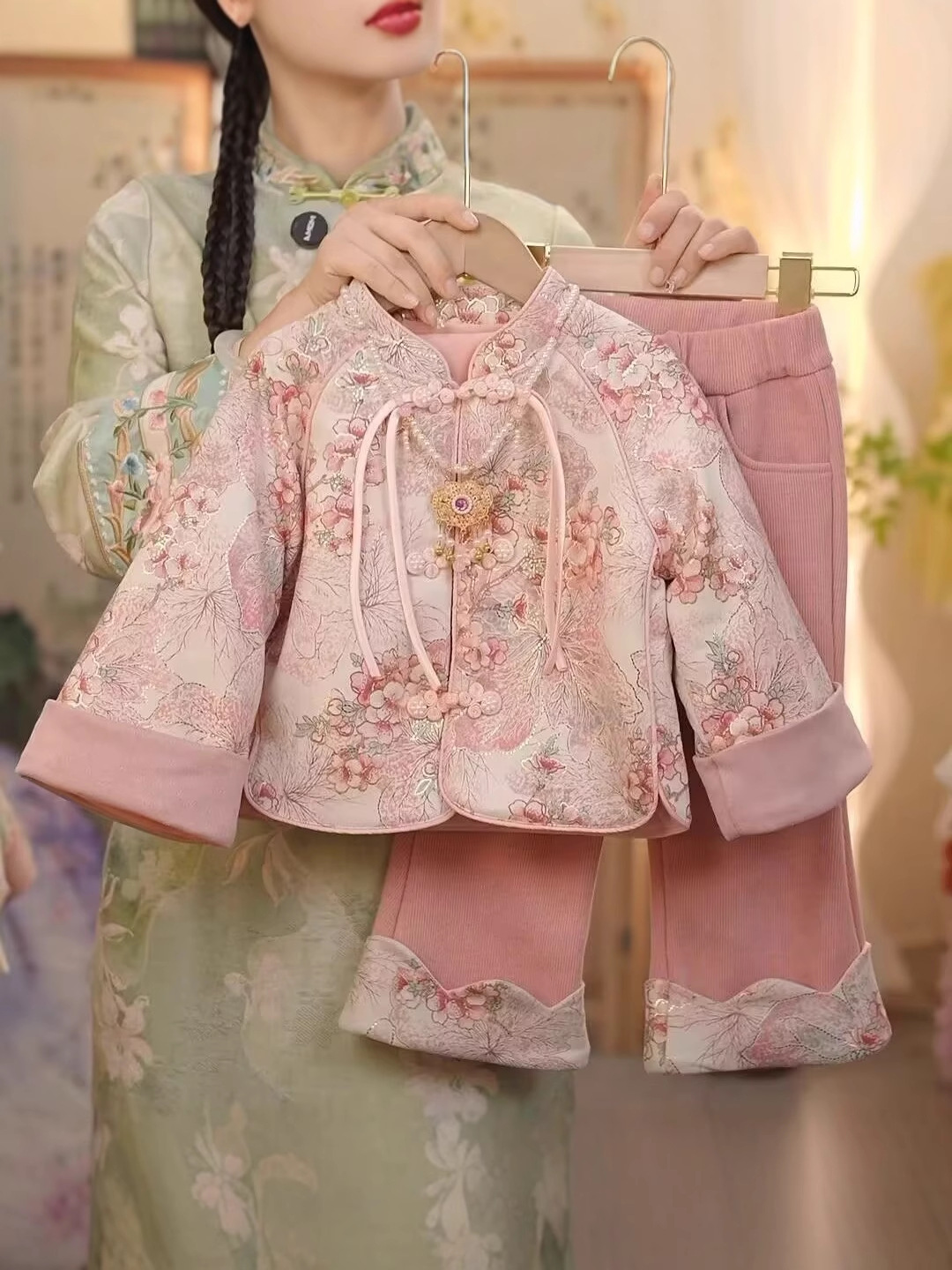 New Children's Traditional Costume Baby Chinese Style Fleece-Lined Set New Year Outfit Girls' Hanfu New Chinese Style Tang Suit Autumn and Winter