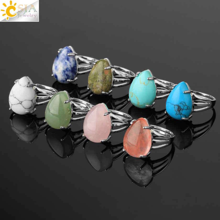 New European and American fashion simple natural stone water drop crystal ring opening adjustable ring jewelry wholesale trade