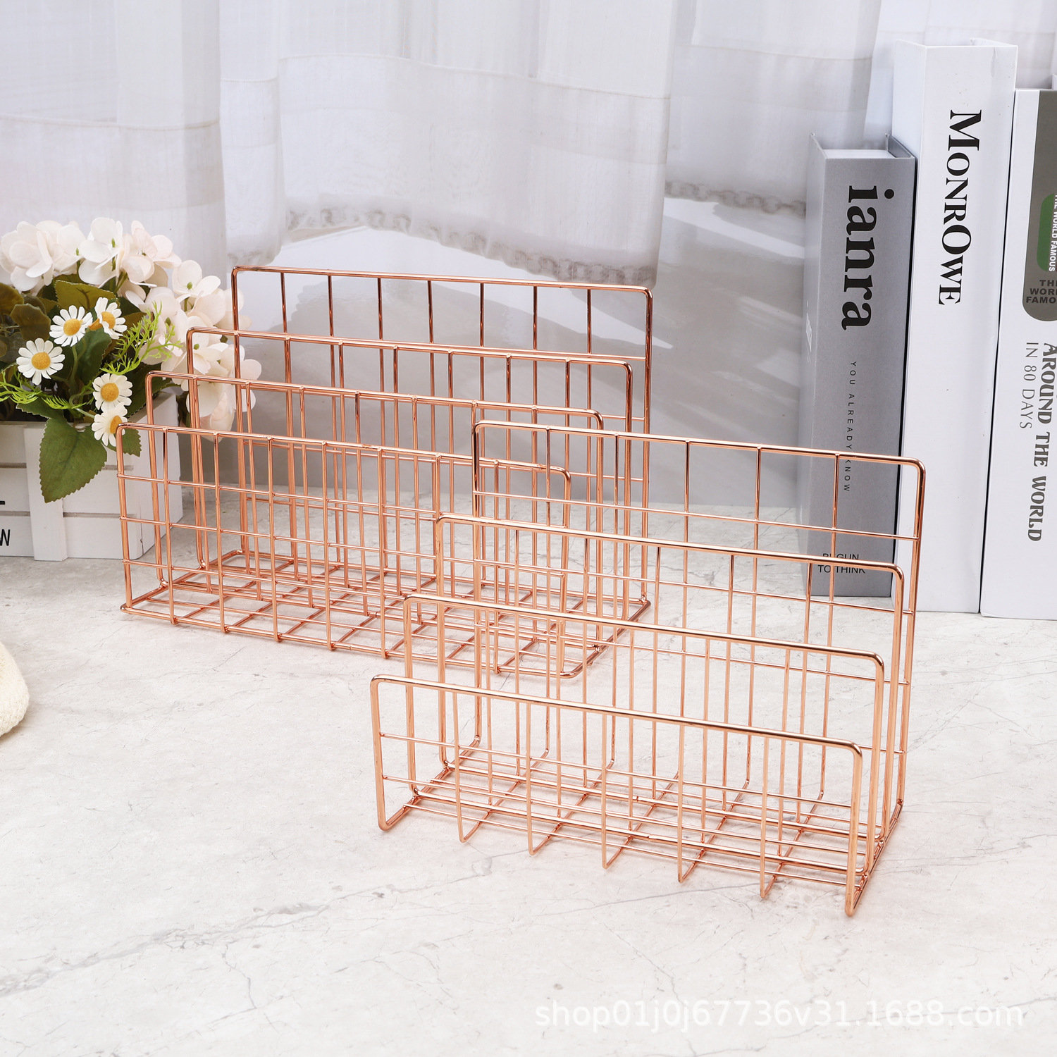 Nordic Style Creative Iron Metal Three-Compartment Bookshelf Desktop Decoration File Book Storage Rack File Rack