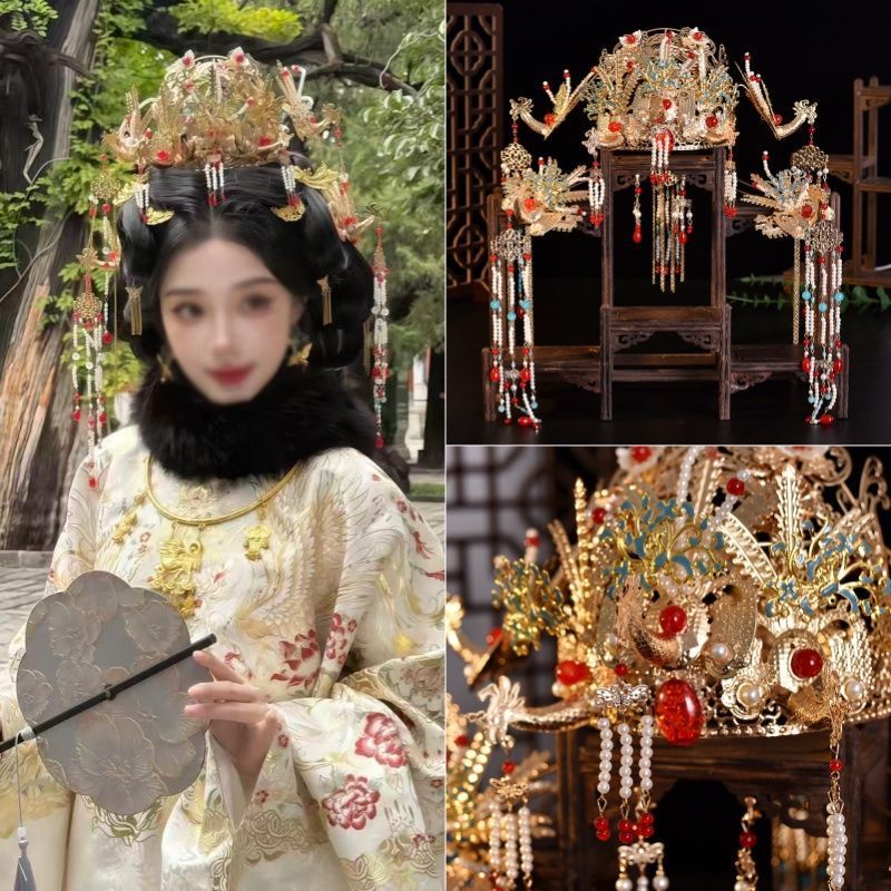 Головной убор в древнем стиле, династия Хань, универсальная свадебная шпилька, аксессуары из Дуньхуана, кисточки, корона из династии Мин, аксессуары для волос, набор короны феникса