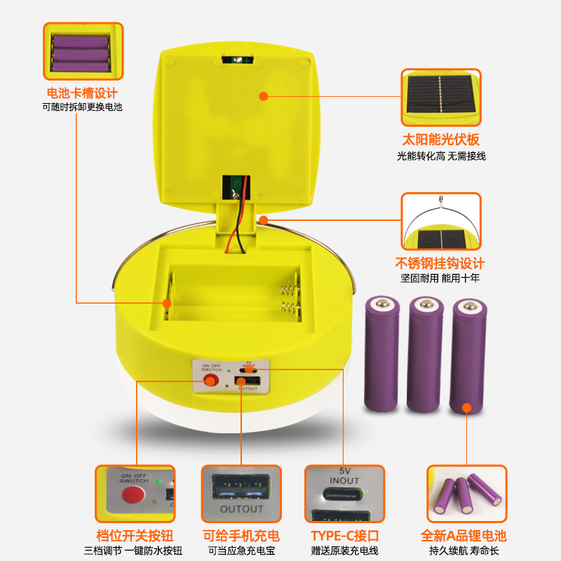 Led Solar Camping Style Light Outdoor Tent Light Removable Battery Charging Emergency Light Street Stall Night Market Light Cross-Border