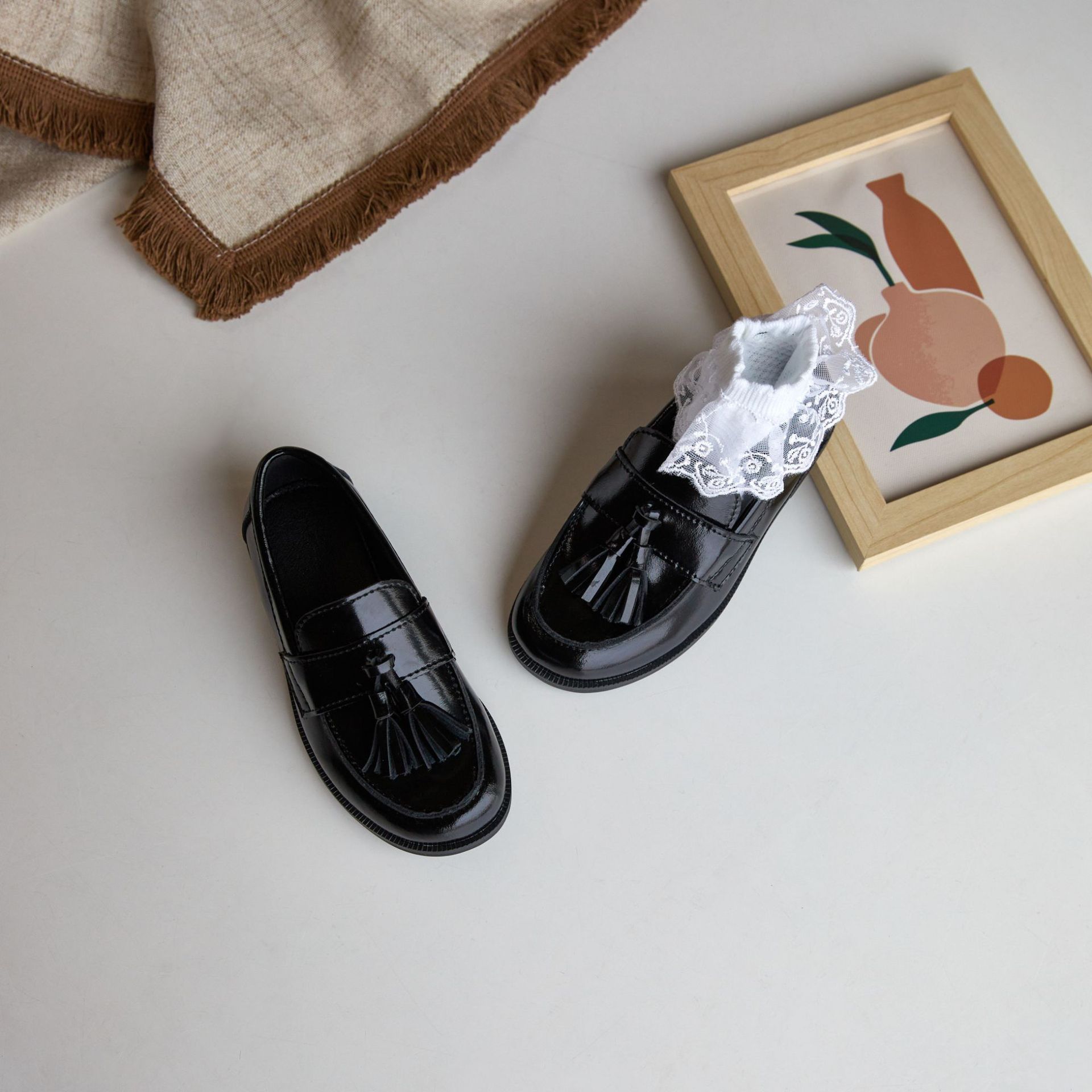 Small Size Autum New Chinese Style Genuine Leather Shoes British Style Br2516 Small Leather Shoes Japanese Style Loafers for Girls and Kidsren with Soft Soles