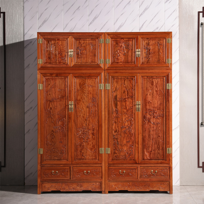 Chinese Carved Bedroom Large Wardrobe Solid Wood Top Box Cabinet Combination Furniture 4-Door Fully Assembled Double-Layer Cabinet Storage Cabinet Antique