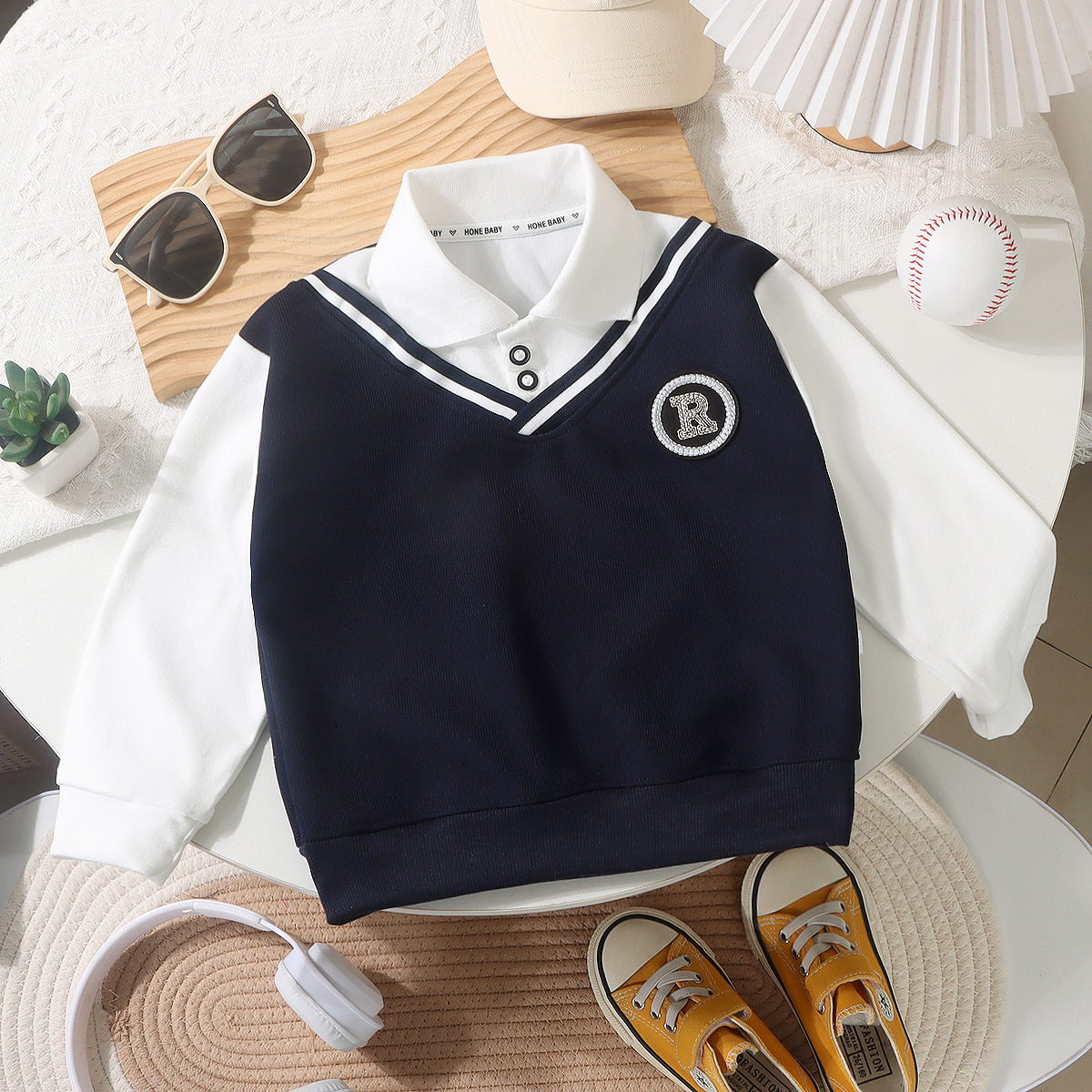 Boy's Lapel Polo Shirt Spring Sweater British Style Fake Two-Piece All-Match Fashionable College Style Top