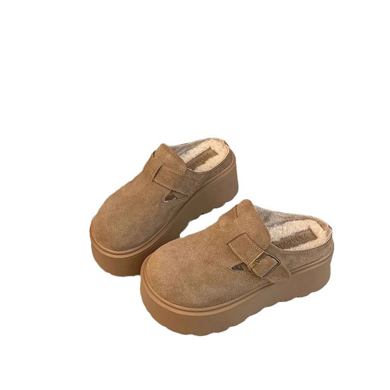 2024 Suede Leather Fleece-Lined Small Furry Shoes Baotou Mule Slippers Boken Shoes Women's Half Slippers Super Soft Velvet