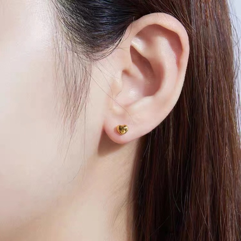 18K Gold Heart Earrings Au750 Simple Ear Piercing Peach Heart Women's Earrings Heart-Shaped Earrings Xiaohongshu Live Broadcast Hot Style