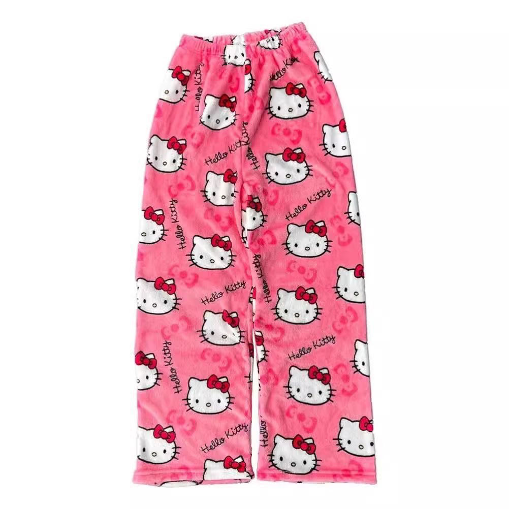 Flannel Cartoon Cat Pajama Pants Women's Autumn and Winter New Coral Fleece Thickened fleece-lined Warm Casual Home Pants