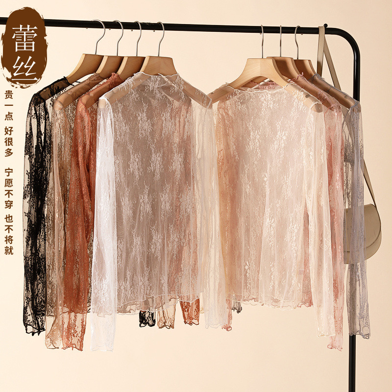 Лонгслив с кружевным низом для женщин, осень-зима 2020, полувысокий воротник, ажурный шифон, сексуальный топ из сетки в западном стиле