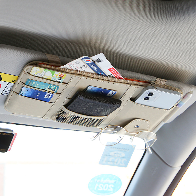 Bill Storage Bag Leather Car Interior Car Sun Visor Storage Bag Card Holder Glasses Holder Car Multifunctional