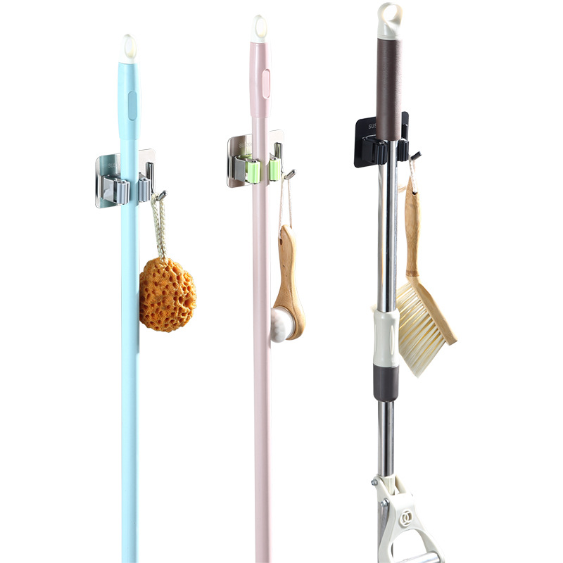 Mop Hook, Punch-free Bathroom Storage Artifact, Stainless Steel Broom Hanger, Strong Adhesive Wall-mounted Mop Clip