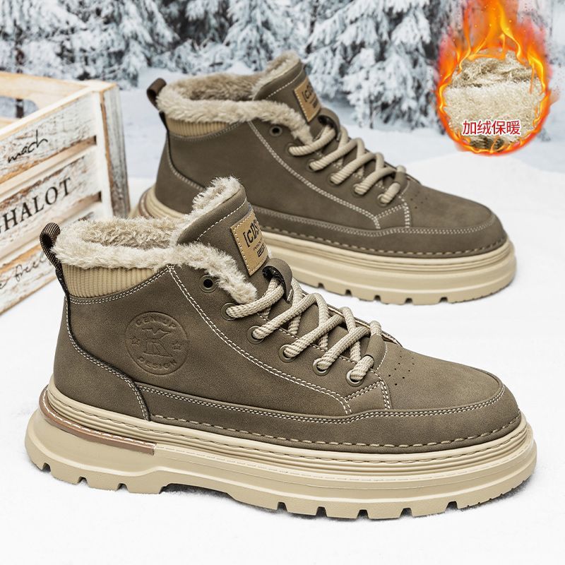 Martin Boots for Men, Winter Fleece-Lined, Thickened, Warm Cotton Shoes, Men's High-Top Leather Shoes, Genuine Leather Thick-Soled Outdoor Snow Boots