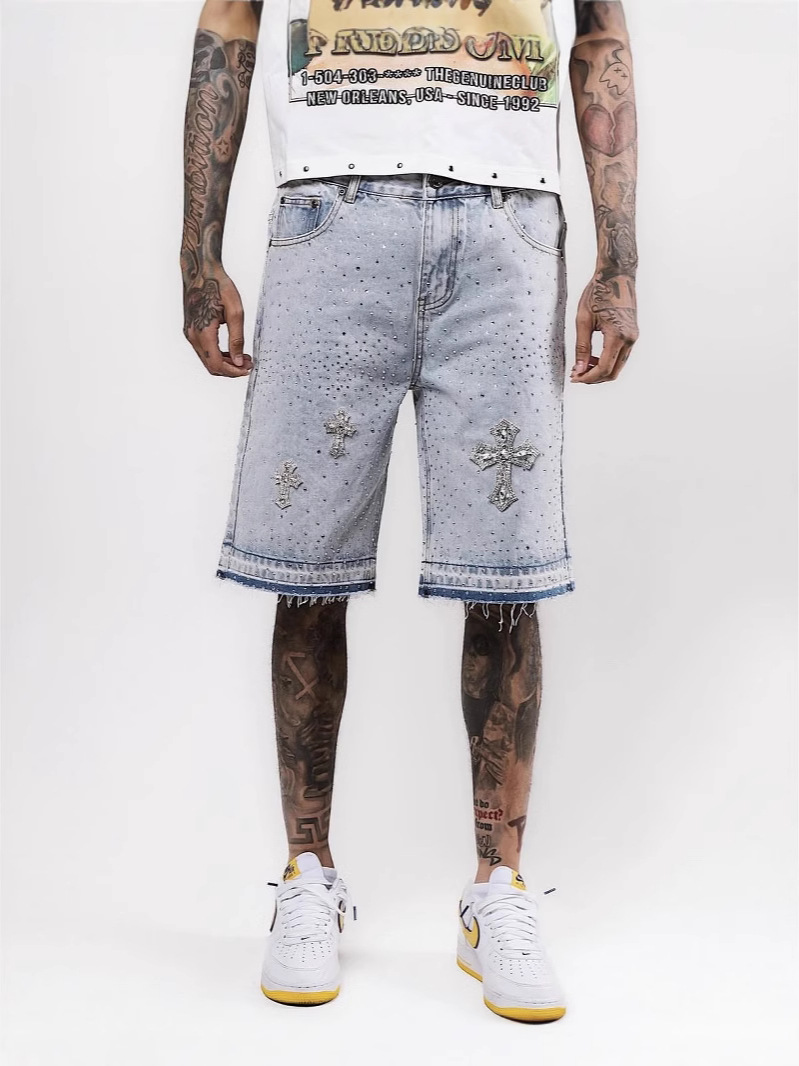 European and American Cross-Border High Street Full of Diamonds 2025 New Hip-Hop Cross Straight Hot Diamond Denim Shorts Five-Point Jeans