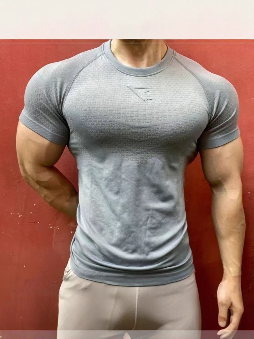 American-Style Muscle-Showing Sports Round-Neck Short-Sleeved Fitness Tops Training Tight-Fitting Summer Quick-Drying Elastic Slim Men's T-Shirt