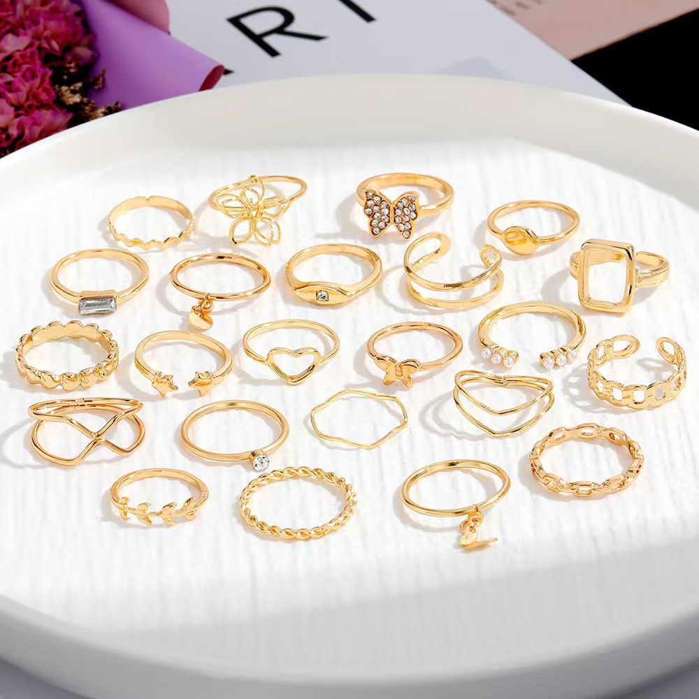 Cross-Border New Open Multi-Joint Ring Set 22-Piece Set of Heart Rings for Women with Niche Butterfly Rings