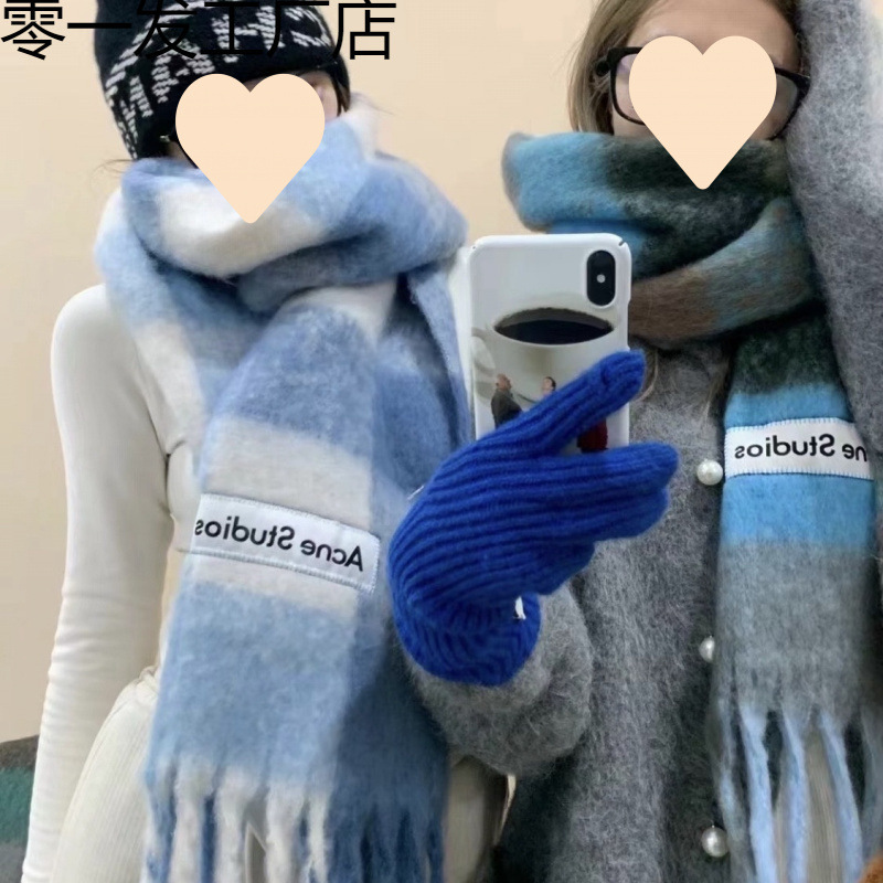 New Autumn and Winter Thickened Warm Rainbow Plaid Scarf European and American Style Loop Yarn Thick Tassel Color-Blocked Shawl