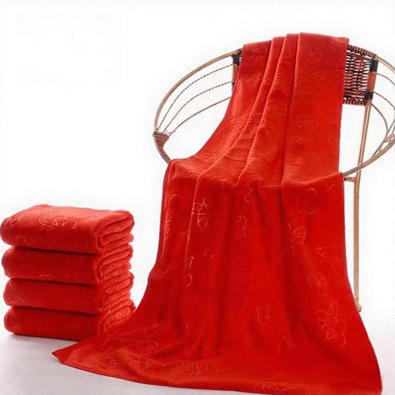 ✅ Manufacturer Wholesale Big Red Bath Towel Microfiber Wedding Return Gift Embossed Happy Words Water-Absorbent Thickeneded Soft 70