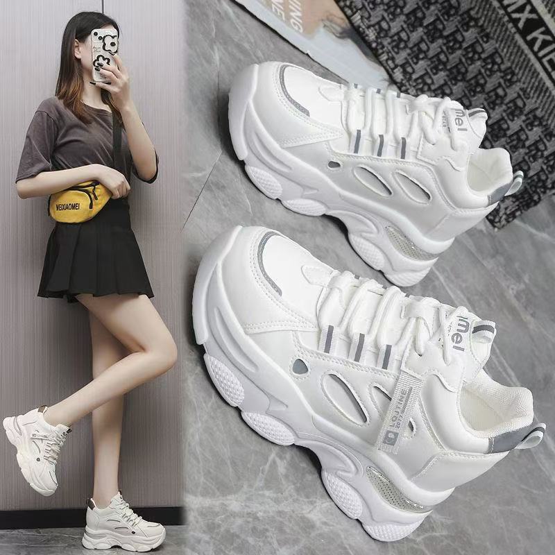 Factory Wholesale Dad Shoes for Women 2025 Spring and Autumn New Versatile Small Thick-Soled Breathable Sports White Shoes