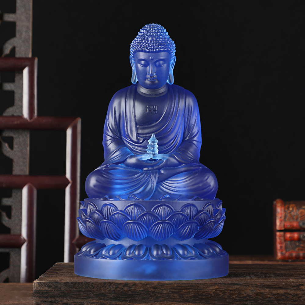 Buddha Statue Resin Ornaments Sanbao Buddha Medicine Master Buddha Home Living Room Home Eeryorial Temple Blue Glass Light Medicine Master Buddha