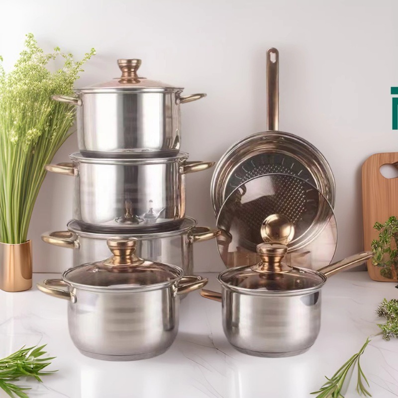 Cross-Border Foreign Trade Vietnam Stainless Steel 6-Piece Eb Set Pot 12-Piece Set Cookware with Handle, Thickened Base, Light Luxury