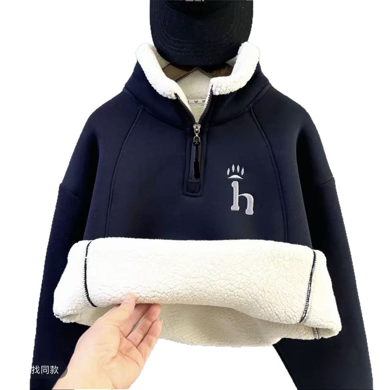 Alpaca Winter Half-Zip Embroidered Boys' Fleece-Lined Thickened Sweatshirt for Winter, Suitable for Older Boys and Girls
