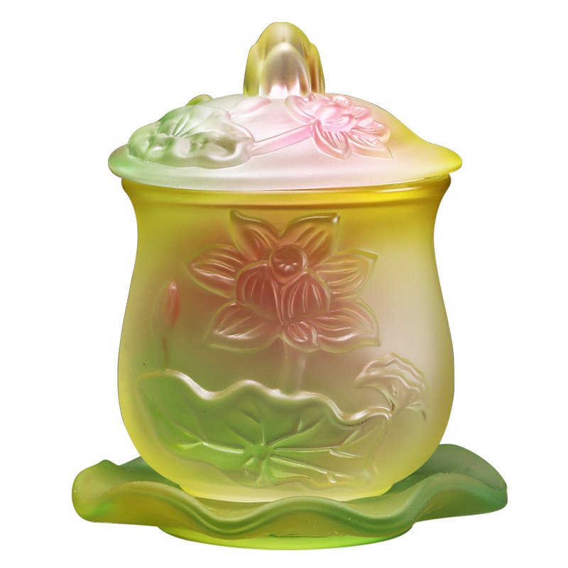 Glazed Water Cup Buddha's Holy Water Cup Lotus Water Cup Glass Tribute Cup Wholesale Tribute Cup Lotus Water Bowl with Lid