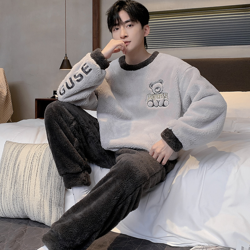 Winter Pajamas Boys Thickened Coral Fleece New Winter Home Clothes plus size Casual Youth Warm Two-piece Set