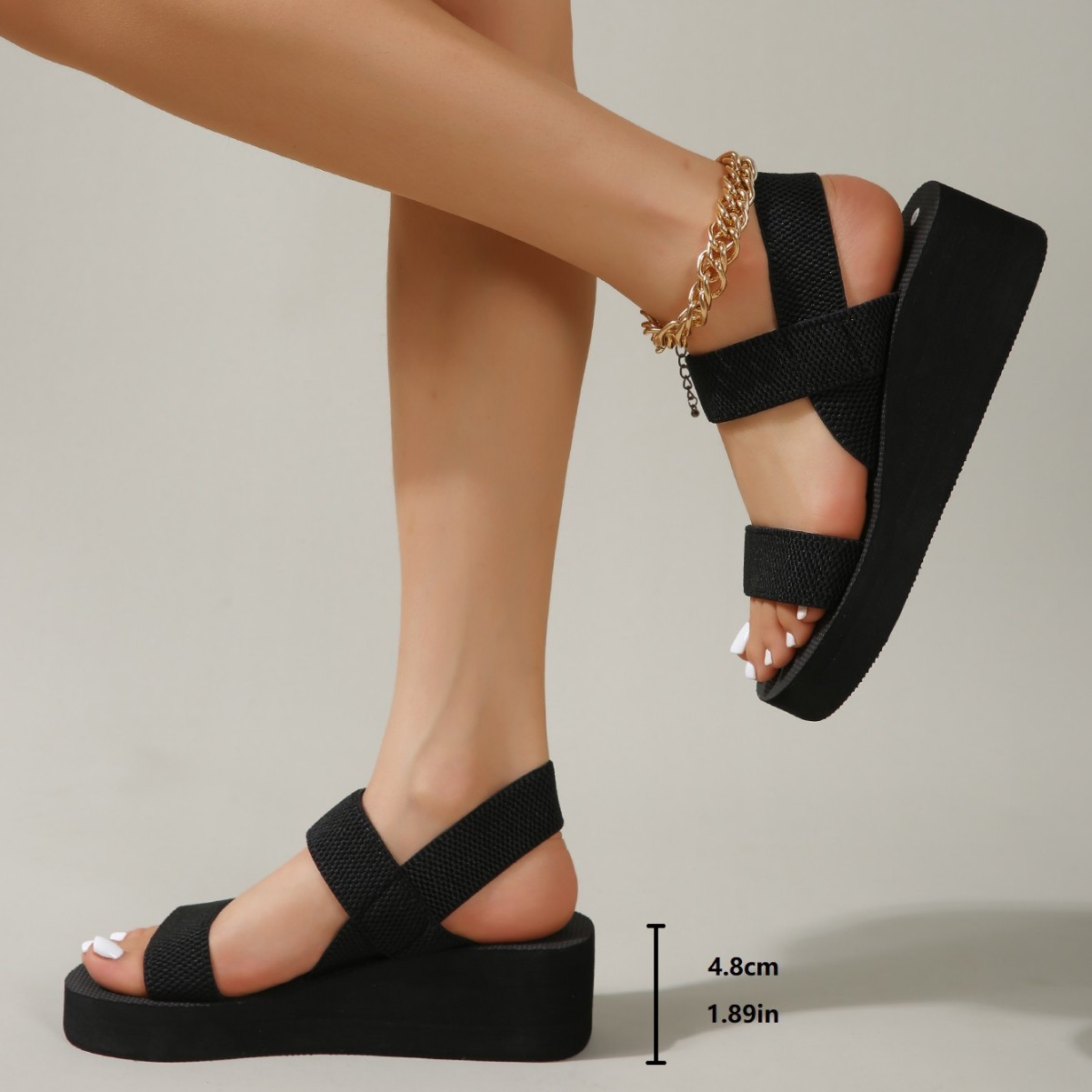 Welcome to inquire Cross-border Ladies Wedge Sandals Thick-soled High-heeled elastic foam box embossed black Chaozhou