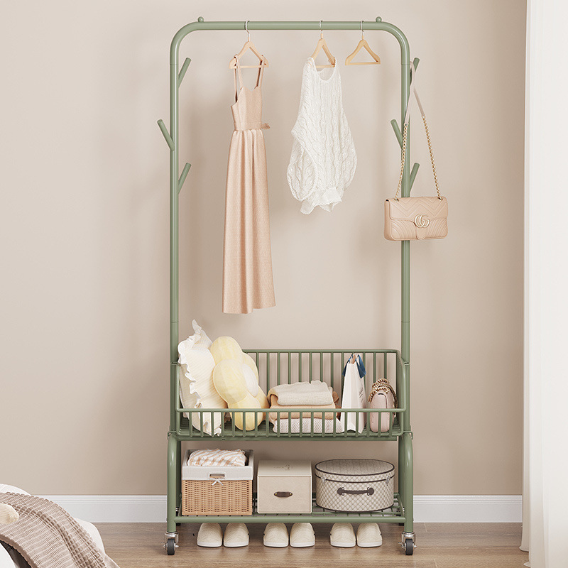 Bedroom Floor-Standing Coat Rack with Thickened Steel Pipes for Storing Clothes, Hats, and Bags, with Wheels, Ins-Style High Aesthetic Value