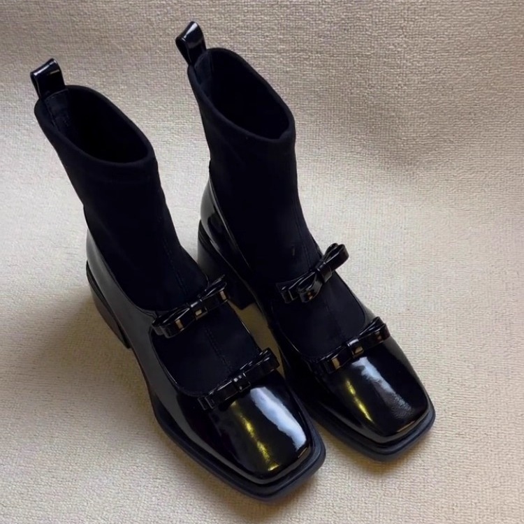 Sheepskin Version ~ Small Fragrant Bow Elastic Slim Boots 2025 New Versatile Black Back Zipper Thick Heel Short Boots