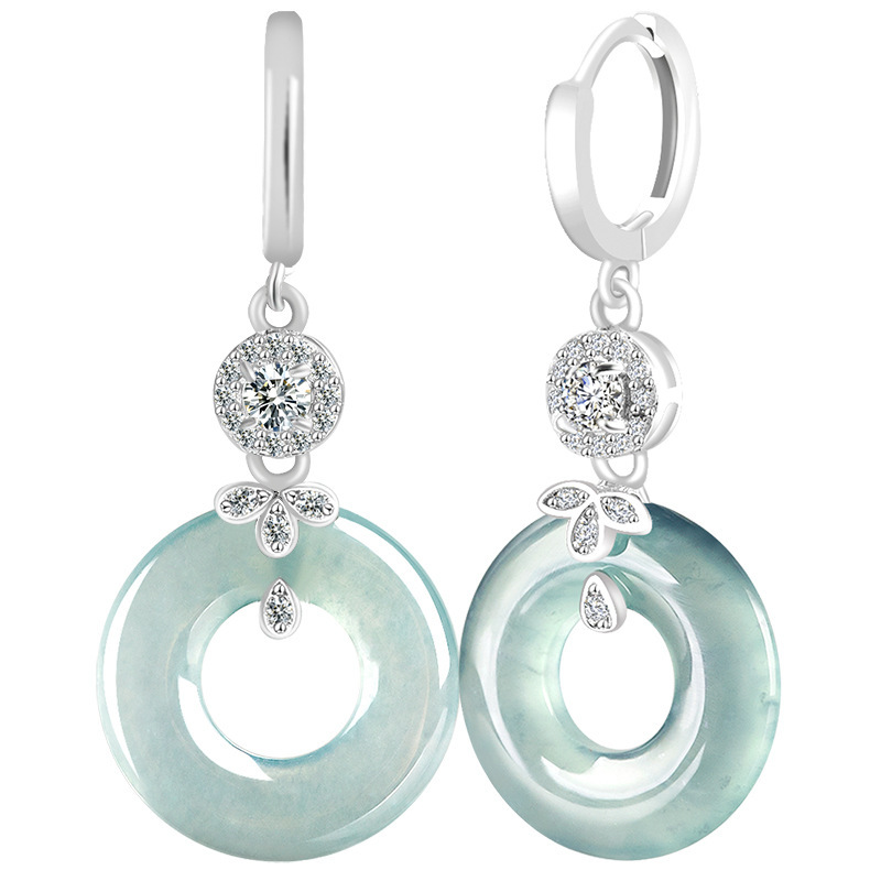 Natural A-Grade Jade Blue Water Jade Ring Earrings Ice Jade S925 Silver Inlaid Women's High-End Fashion Earrings